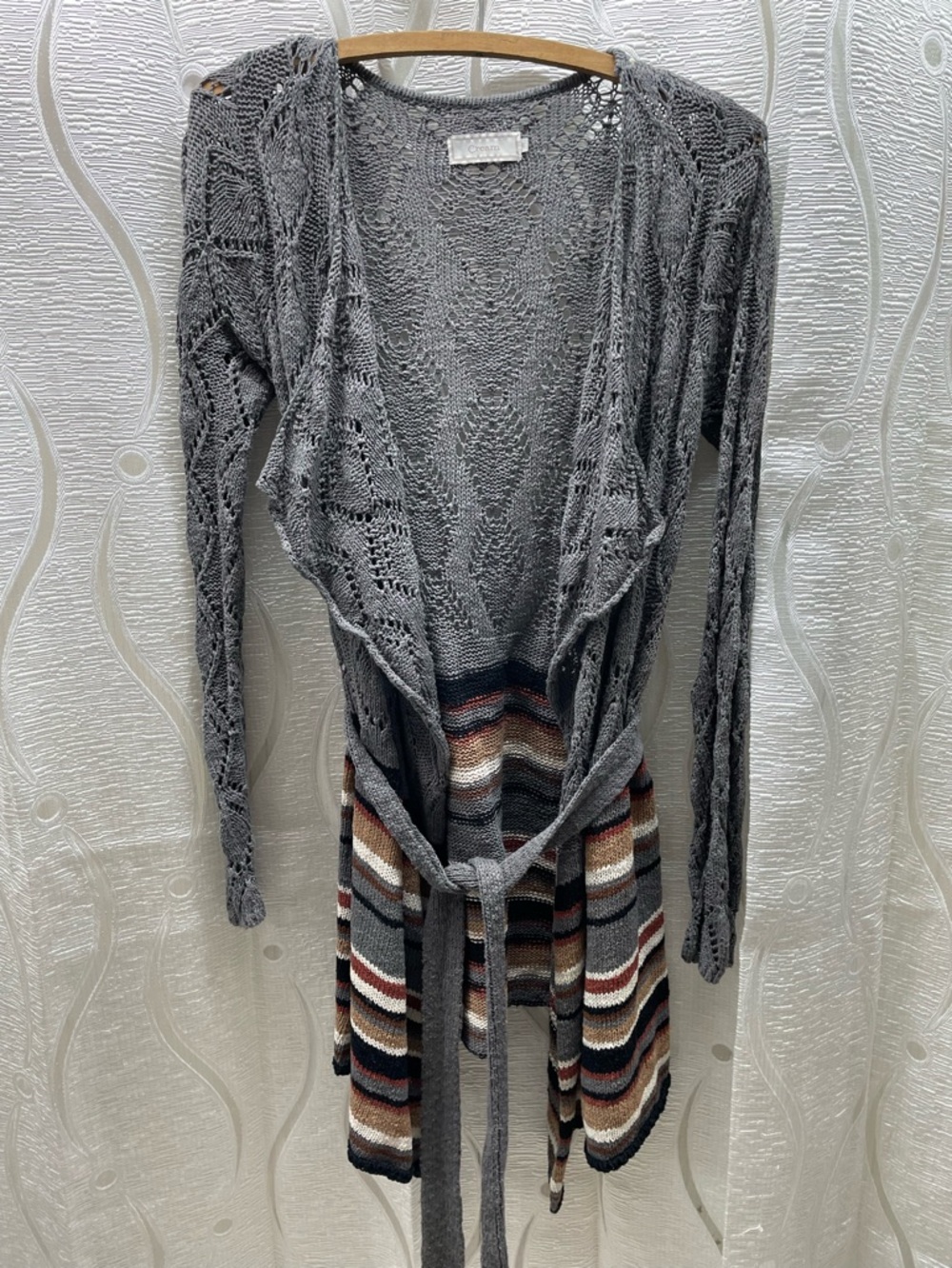 Cream Cardigan Womens Small Gray Striped Tie Waist Pointelle Knit Boho Excellent